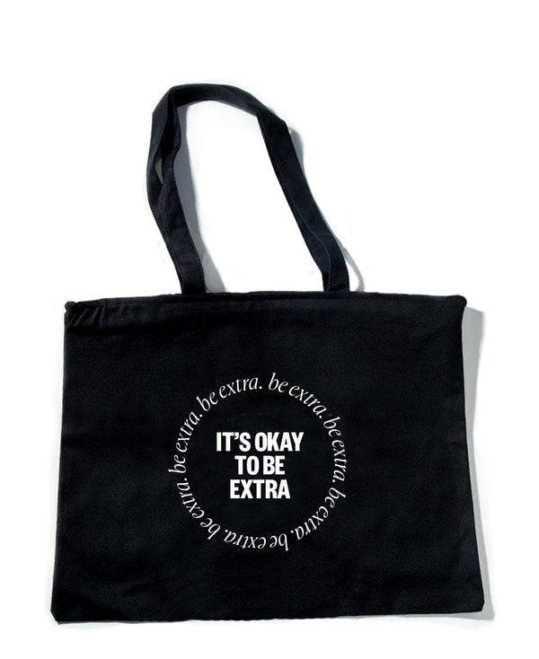 a black bag with white text