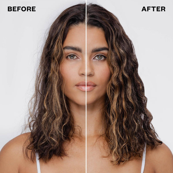 a woman with long hair before and after