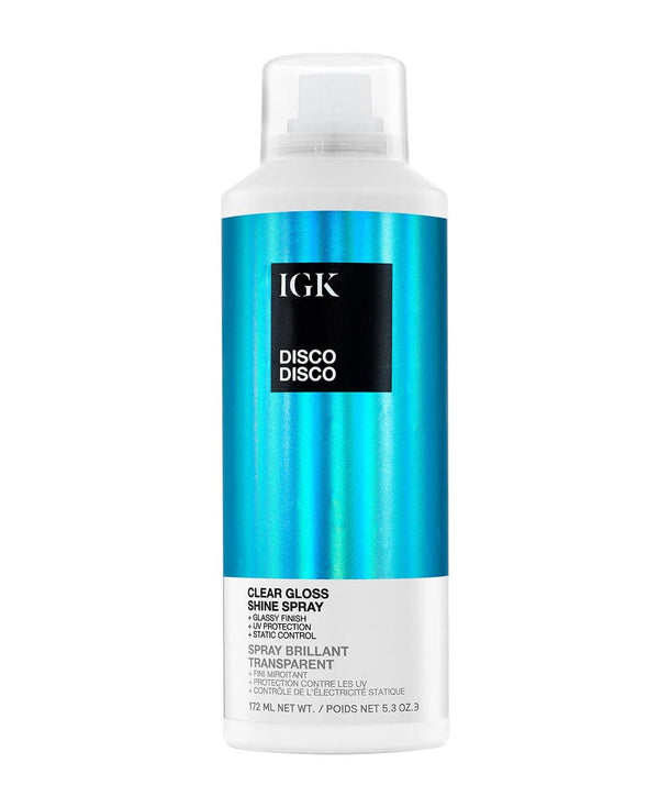 IGK Disco Disco Clear Gloss Shine Spray in a blue and white aerosol can.