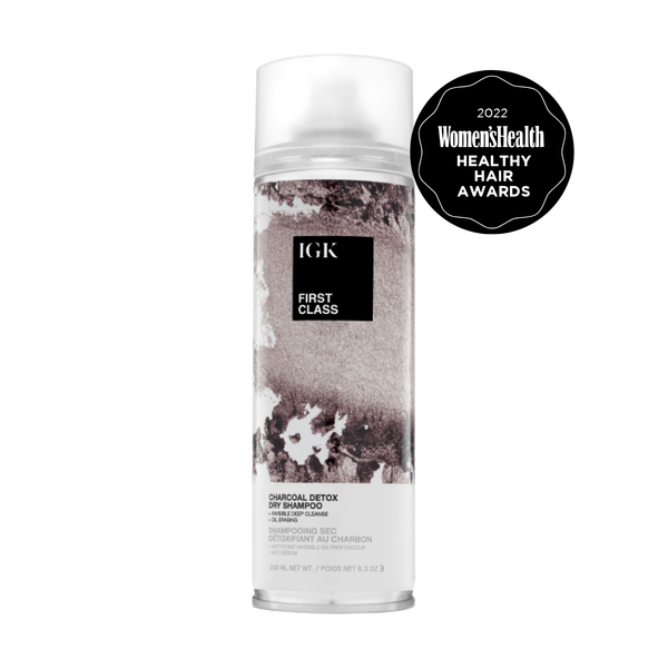 IGK First Class Charcoal Detox Dry Shampoo with award badge on white background.