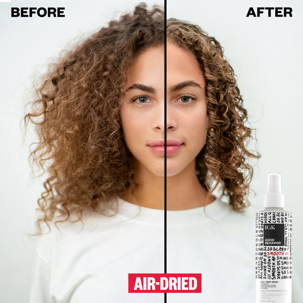 a woman with curly hair and a spray bottle