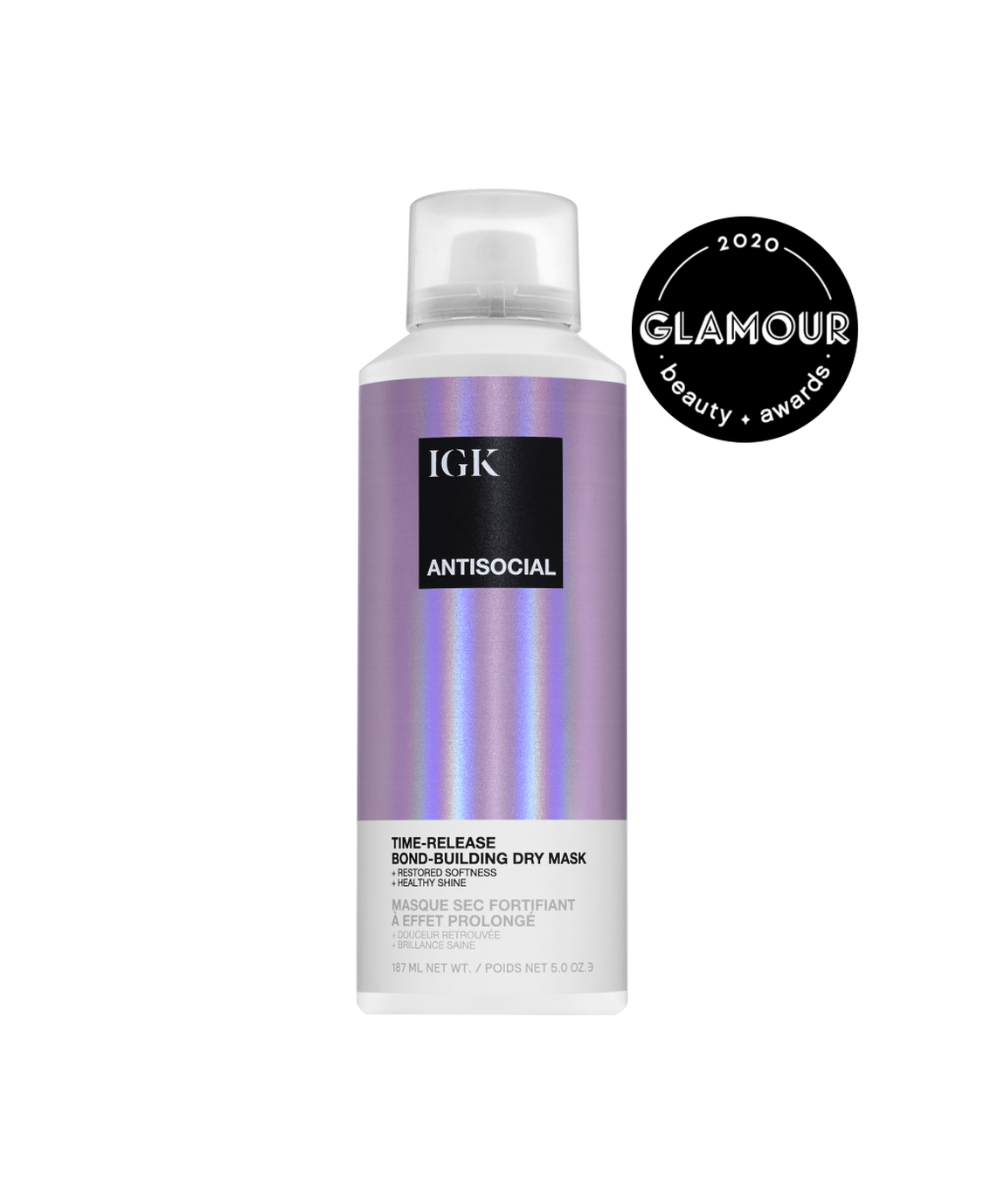 IGK Antisocial Bond-Building Dry Mask can with a Glamour 2020 award badge.