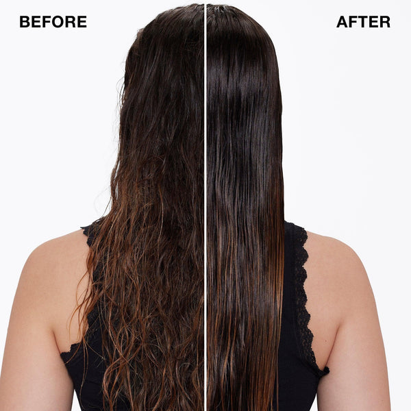 a woman with long hair before and after