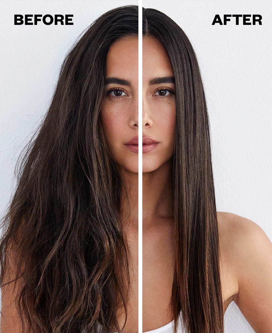 Split image showing hair transformation from frizzy to smooth.