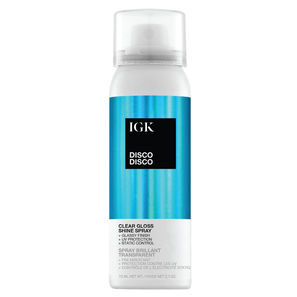 IGK Disco Disco Clear Gloss Shine Spray bottle with blue label.