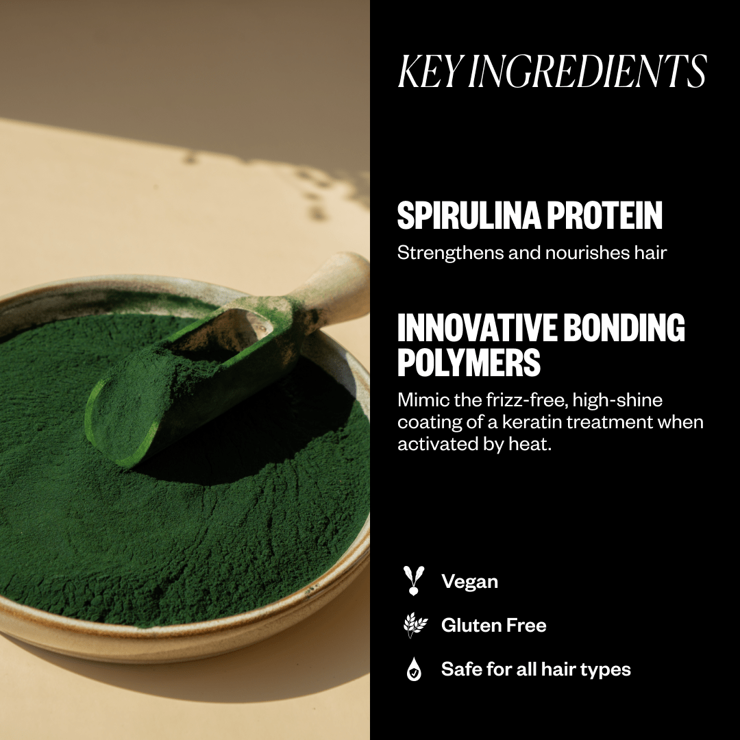 Green spirulina powder with a scoop, highlighting key hair care ingredients and benefits.