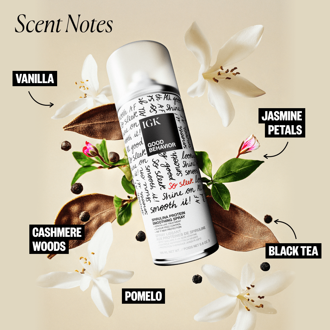 Hair product with scent notes: vanilla, jasmine petals, cashmere woods, black tea, pomelo.