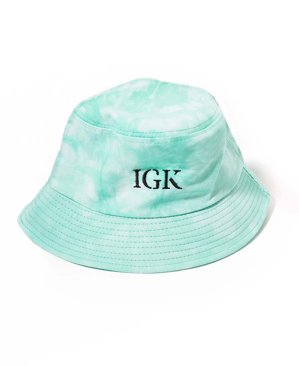 a light blue bucket hat with black text